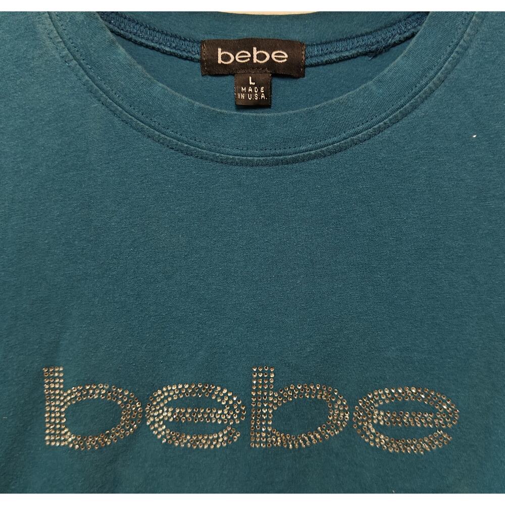 Bebe Teal Rhinestone Logo Long Sleeve Tee Y2K Stretch Top Size L - Picture 5 of 5